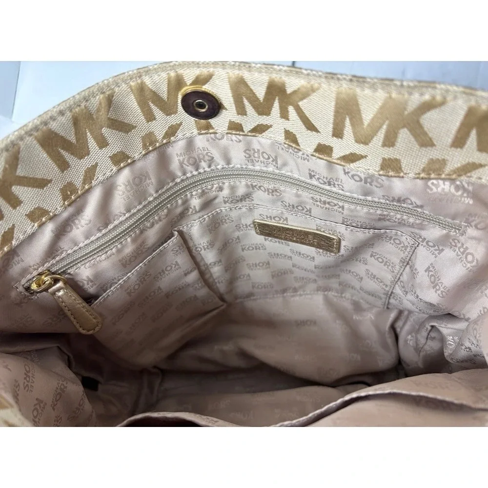 Michael Kors Double Strap Jet Set Monogram Tan Chain Tote Handbag - Picture 5 of 15